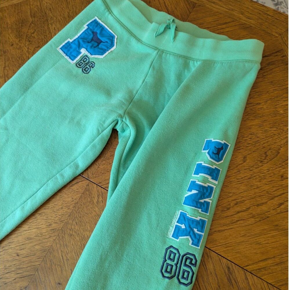 Vintage Victoria's Secret PINK Mint Green Varsity Sweatpants Cropped Joggers M - Picture 3 of 8